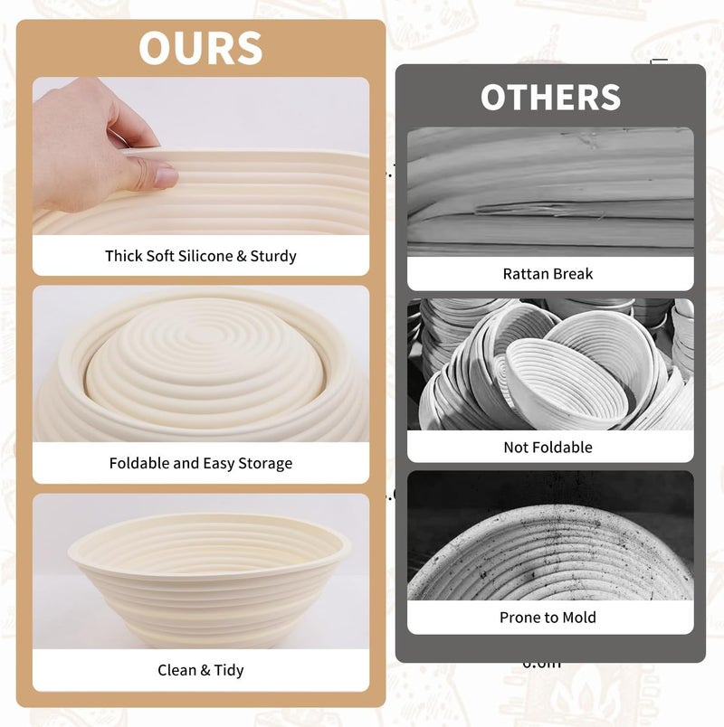 CHAMEX 2Pcs Silicone Banneton Bread Proofing Baskets, 10" Oval & 9" Round Foldable Non-Stick Dough Proofing Bowl Containers-BPA Free, Optimum Sourdough Bread Baking Supplies(Beige) - Image 5